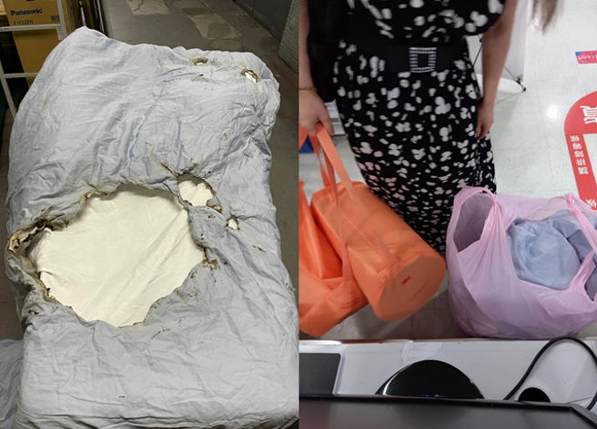 寝具用品遭退货，女顾客辩称一回家打开就看到「烧毁痕迹」，但浓浓洗衣精味道却露馅了。（翻摄自脸书爆怨2公社）