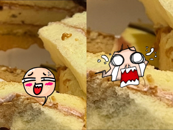 女网友吃朋友的弥月蛋糕，发现蛋糕体出现1根又卷又Q的毛髮，从蛋糕一侧炸出，她再往下切蛋糕，竟又发现1根，让她不敢想像这是哪个部位的毛髮。（翻摄自脸书「爆怨公社」）