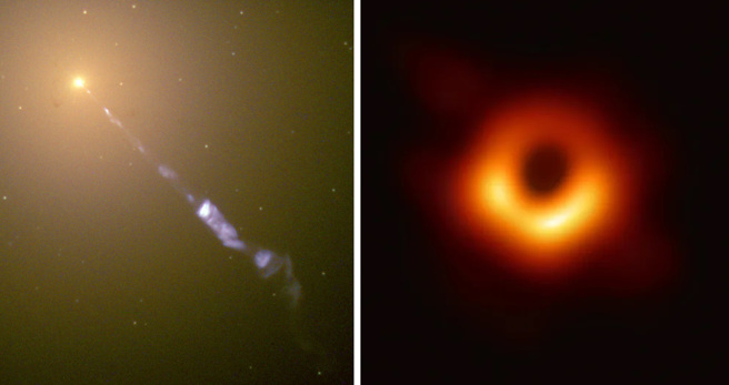 2019年，EHT团队发布的第1张黑洞照(右)，是M87星系的中心。左为M87星系的完整照，中间有一道长达5千光年的高速喷流，据信就是黑洞所产生的。(图/NASA、 EHT)