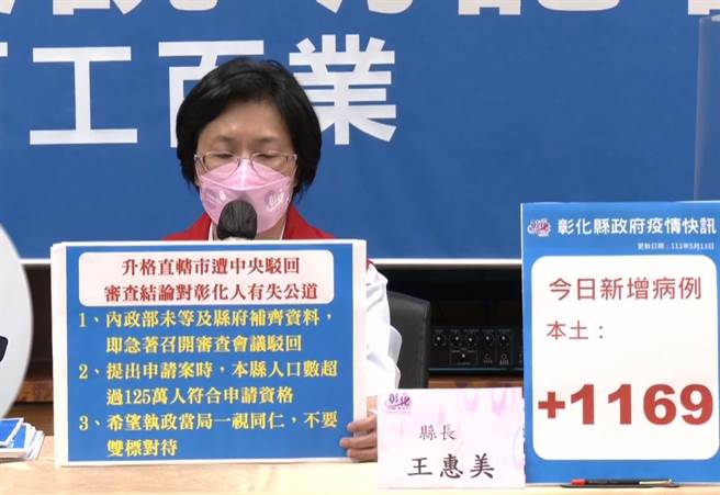 彰化县长王惠美在防疫直播会尾声，公开表示彰化升格遭中央驳回，对彰化人不公平，团结的彰化队不会放弃。（吴敏菁摄）