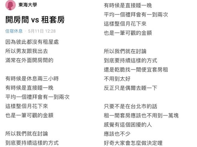 1名女网友说她与男友都住家里，每周几乎会到摩铁开房间2次，1个月下来花费不少，问说若租个便宜小套房当炮房会比较省吗？（翻摄自Dcard）