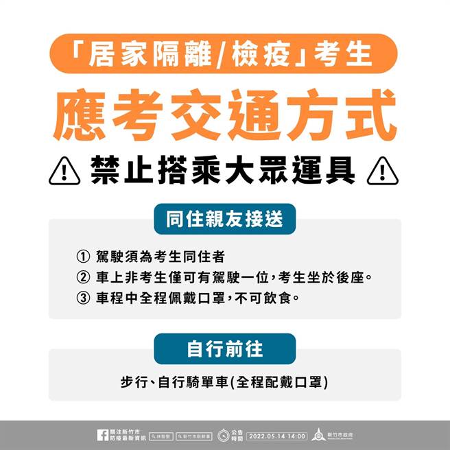 居隔及居检考生禁止搭乘大眾运输。（新竹市府提供／邱立雅竹市传真）