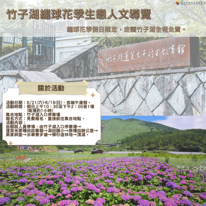 台北市「2022年竹子湖绣球花季」将在5月20日至6月19日举办，动期间假日限定，将会有专人导览竹子湖，叙述当地古往今来文人演替过程。（台北市政府提供／陈敬哲台北传真）