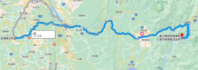 陳姓老翁日前騎機車訪友，因迷路騎到百公里外的南投仁愛鄉親愛村被員警發現，員警趕緊通知家屬安排老翁搭計程車回家。 (翻攝 Google Maps)