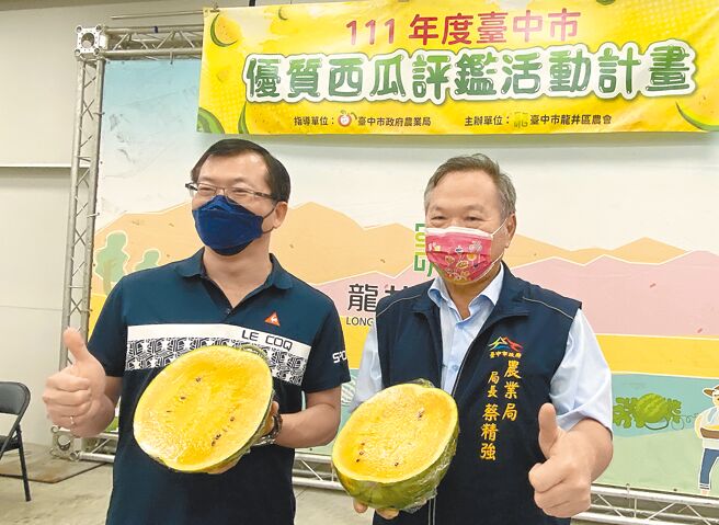 中市优质西瓜评鑑14日在龙井区农会举行，中市府农业局长蔡精强（右）及龙井区农会总干事林裕议（左）推荐台中西瓜肉质细致、清甜美味。（陈淑芬摄）