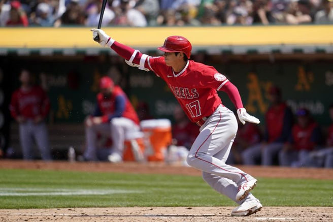 天使队大谷翔平轰出两分全垒打。（美联社）