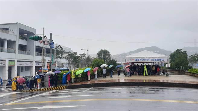 基隆市民广场PCR筛检站首日提供给药服务，涌入排队人潮。（陈彩玲摄）
