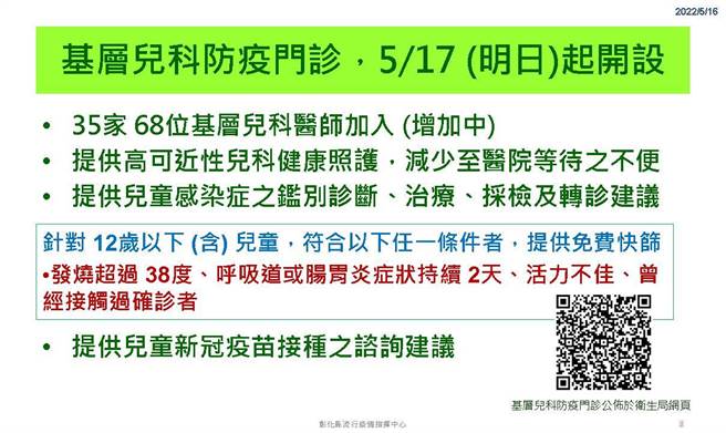 彰化县基层儿科防疫门诊包括彰化市、鹿港镇、和美镇、员林市、溪湖镇、北斗镇、社头乡、田中镇、花坛乡、埤头乡等都有儿科防疫门诊，相关门诊医院位置请参考卫生局网站或官方脸书。(卫生局提供／吴建辉彰化传真)