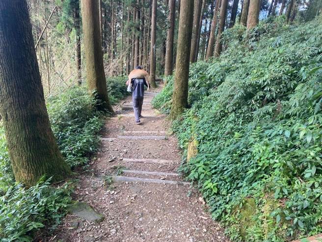 嘉縣動物保護管制隊員上山搶救，走了2小時山路才把30公斤重的大黃揹下山。（嘉義縣家畜疾病防治所提供∕呂妍庭嘉義傳真）