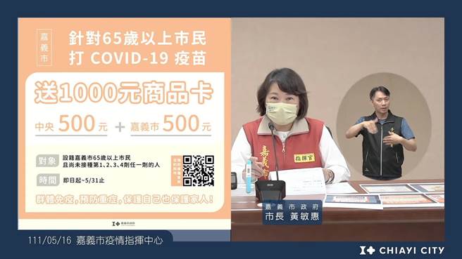 嘉義市再加碼，凡年滿65歲以市民，5月底前接種第1、2、3、4劑任一劑疫苗，除中央送500元商品卡，市府加碼再送500元商品卡。（嘉義市政府提供∕呂妍庭嘉義傳真）