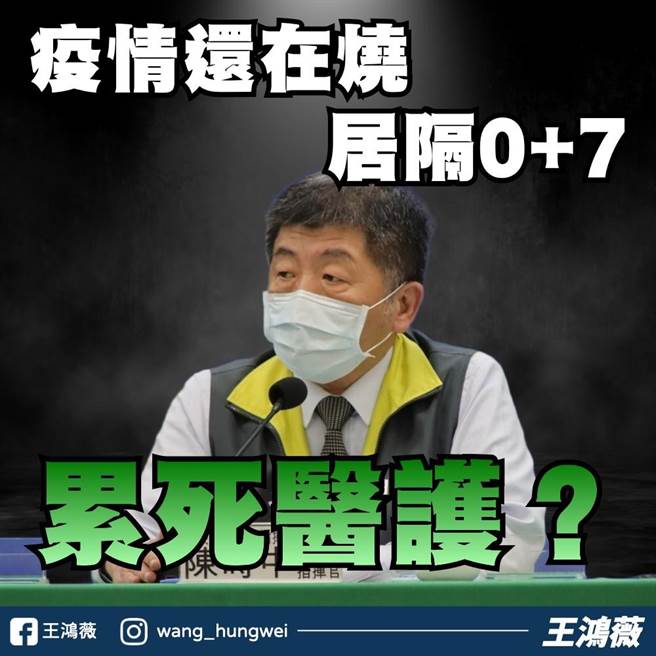 中央宣布確診者同住家人打滿3劑不須居隔，改為「0＋7」，快篩陰即可出門，再度放寬居隔標準。（摘自台北市議員王鴻薇臉書）