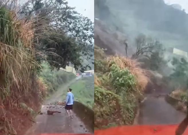 有男子行經南投產業道路被落石阻擋，他下車查看後趕緊衝回車上倒車逃離現場，下秒「整片山」便崩落了。（翻攝自臉書南投新聞）