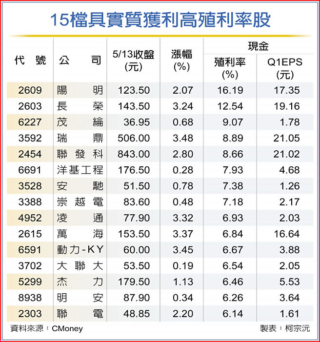 15檔具实质获利高殖利率股