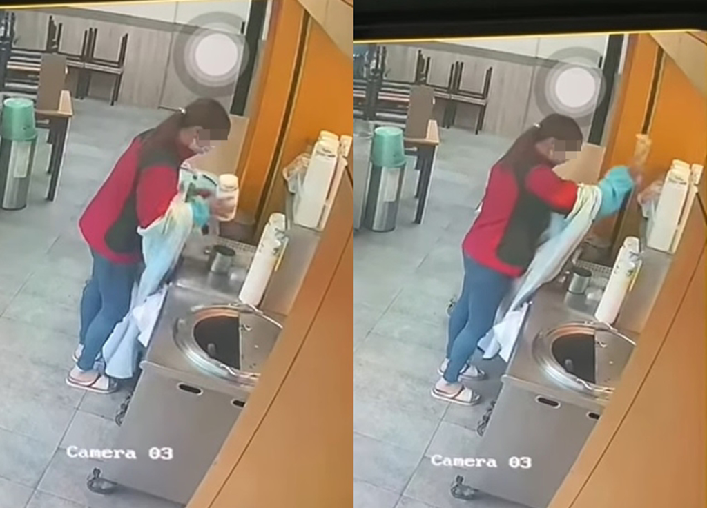 有婦人到便當店「狂掃免洗餐具」，誇張行徑全被便當店監視器拍下。（翻攝自臉書爆怨公社）