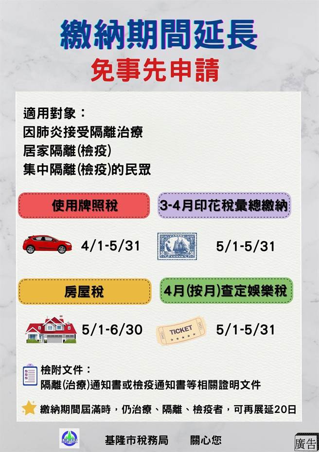 ▲基隆市税务局宣布，民眾若确诊遭隔离、住院，可申请延期缴税。（基隆市税务局提供／张志康基隆传真）
