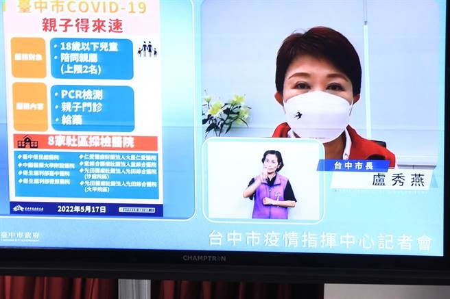 台中市长卢秀燕今日在线上防疫记者会表示，18日起，儿童得来速优化升级为「亲子得来速」，服务18岁以下的儿童与青少年，以及2名陪同亲属，体贴需要带着儿童、有紧急就医筛检的家庭。（台中市府提供／卢金足台中传真）