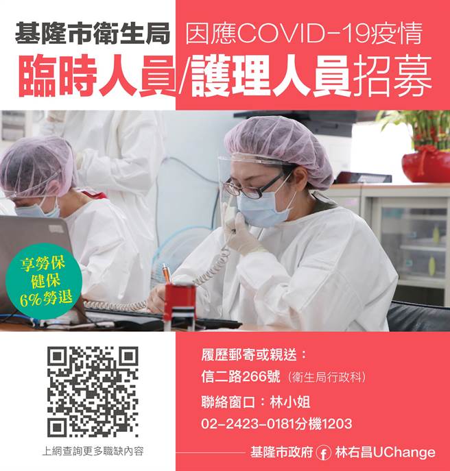 基隆市衛生局招募51名護理人員、臨時人員。（基隆市政府提供／陳彩玲基隆傳真）