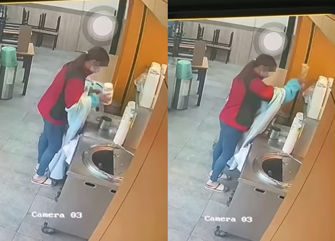 有妇人到便当店「狂扫免洗餐具」，夸张行径全被便当店监视器拍下。（翻摄自脸书爆怨公社）