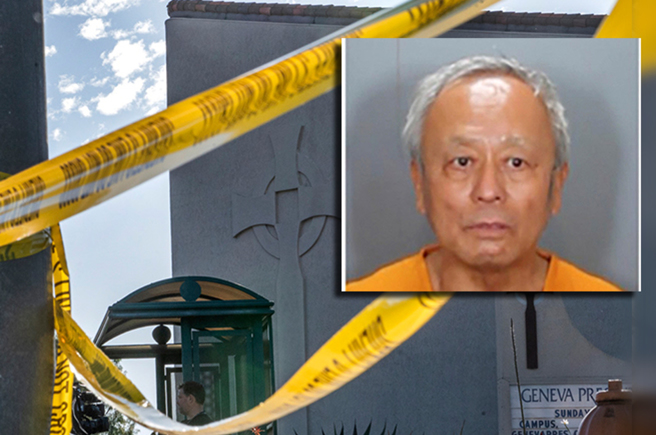 美教会枪击案凶嫌周文伟曾参加拉斯维加斯和统会活动。（合成图／美联社、路透社、加州橘郡警察办公室提供）