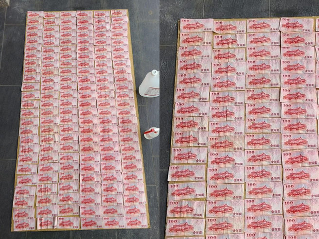 1名网友考量疫情严峻，每次都会将收到的纸钞摊开在地板上一一消毒，照片中他将150张百元钞排开消毒，其他网友纷纷笑说「不行太脏了，我帮你拿去丢」。（翻摄自脸书「爆废公社」）