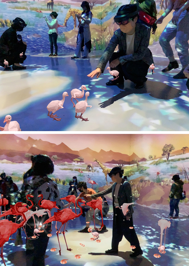 《鶴之舞》可以和火鶴互動，體驗從養育鶴寶寶到照顧成鳥的過程，最後還有華麗繽紛的歌舞演出。(圖片提供/夢想現實)
