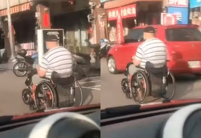 他开车外出时，惊见轮椅阿北，目测车速50还会超车。（图／翻摄自爆废公社2馆）