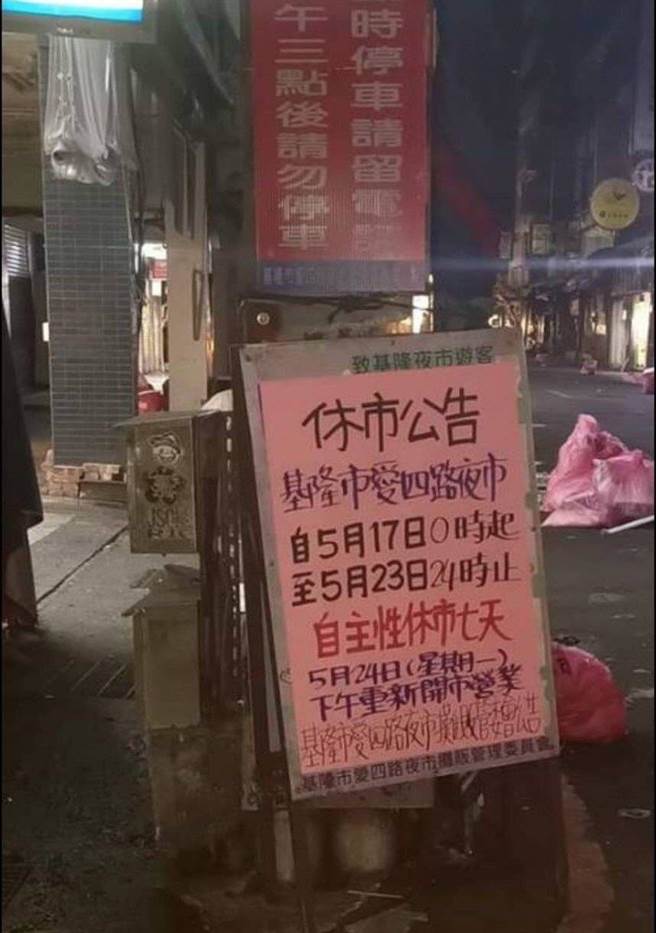 摊商表示，公告为去年疫情自主休市时设置。（翻摄照片／陈彩玲基隆传真）