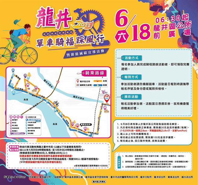 台中市龙井区公所举办单车骑福踩风行暨节能减碳宣导活动，欢迎民眾共襄盛举。（龙井区公所提供／卢金足台中传真）