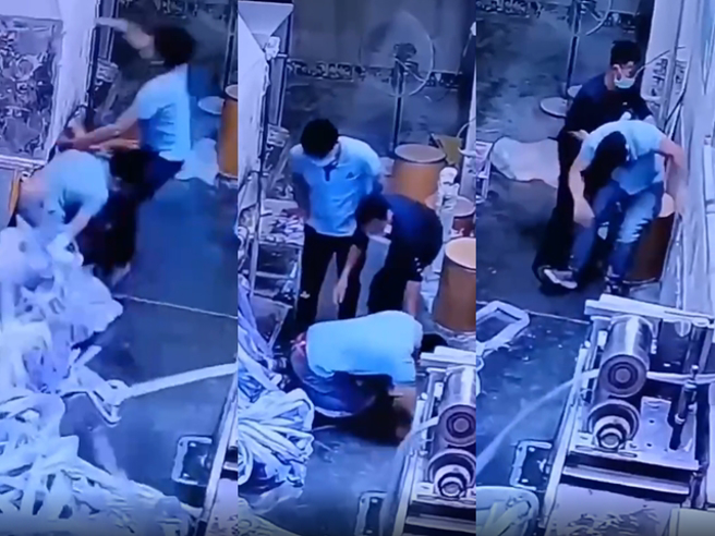 男子操作搅碎机时，左脚遭地上带子缠住，遭拖进机器内，一旁同事按下一旁设在高处的紧急钮，男子才卡在机器入口捡回一命，被拉出后趴在地上吓坏。（翻摄自爆料公社）