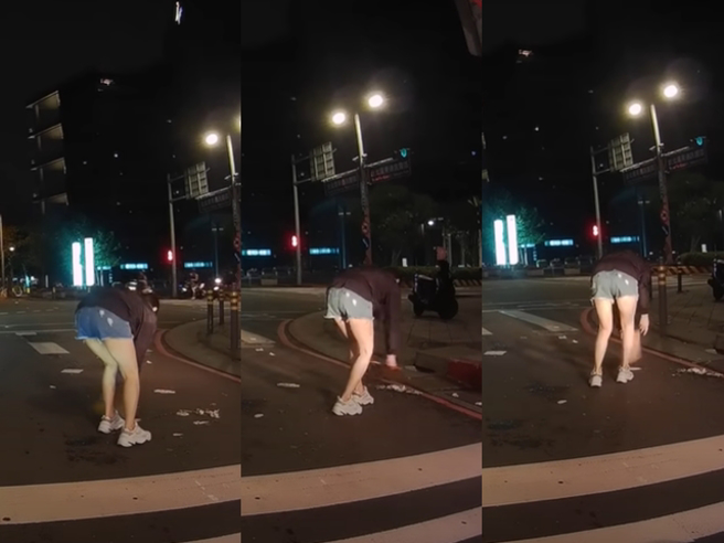 路中噴灑鹹酥雞「熱褲妹」猛清理 豪露美腿網讚：負責！