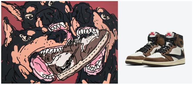 台灣當代潮流藝術家朱晨維曾以 Jordan 1 Retro High Travis Scott 作為《Hype Trap》畫作的創作缪斯，藉由透過三隻惡犬搶同一只球鞋的畫面，凸顯球鞋炒作文化的亂象與風潮。