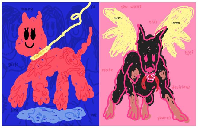 台灣當代潮流藝術家朱晨維創作中除了使用大量的時尚潮流語言之外，更運用到他喜愛的「狗」作為畫作的創作元素，藉以呈現出富含不同寓意的情境。