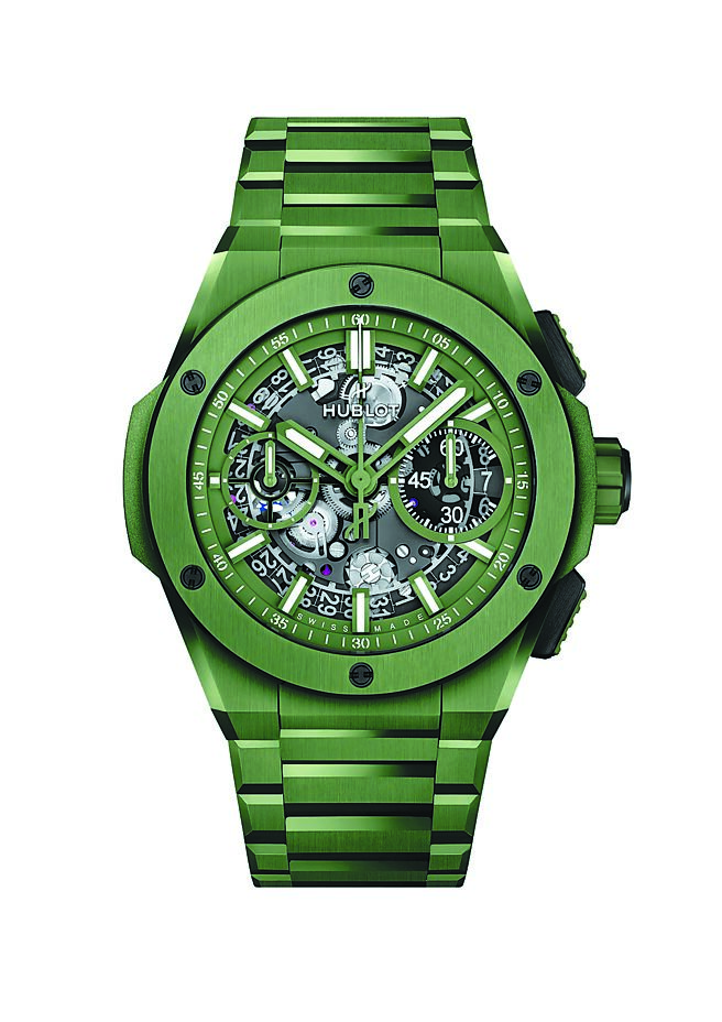 宇舶表Big Bang Integral陶瓷炼带计时码表，丛林绿色款，限量250只，74万9000元。（HUBLOT提供）