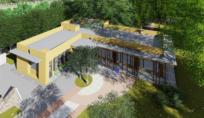 「東勢綠資材中心」，現場保留百餘棵老樹同時，使建築融入周遭自然環境，將人、建築物與大自然親密連結在一起。(3D模擬圖：台中市政府提供)