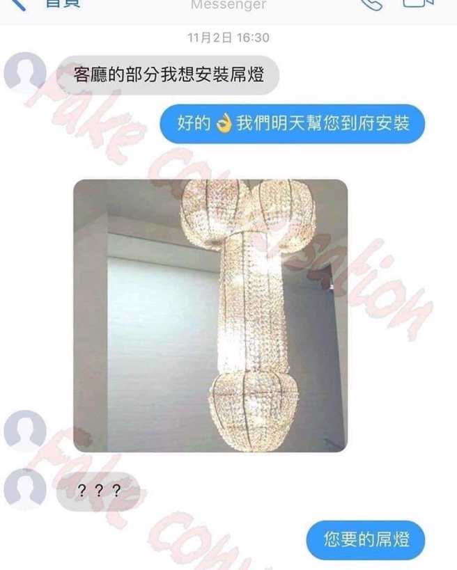 1名网友日前要求师傅在家中安装吊灯，但他却打字成「屌灯」，隔天他发现吊灯造型竟成了「整副生殖器」形状，雄伟且华丽。（翻摄自脸书「爆废公社公开版」）