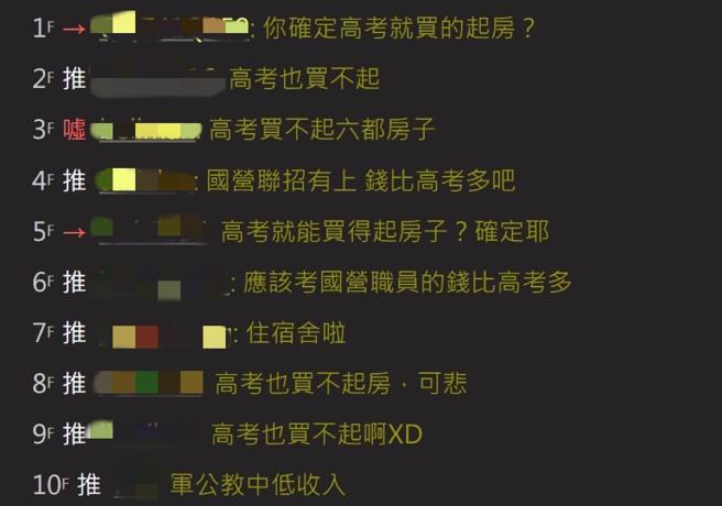 网友认为高考后也买不起房子。(图/翻摄自PTT)
