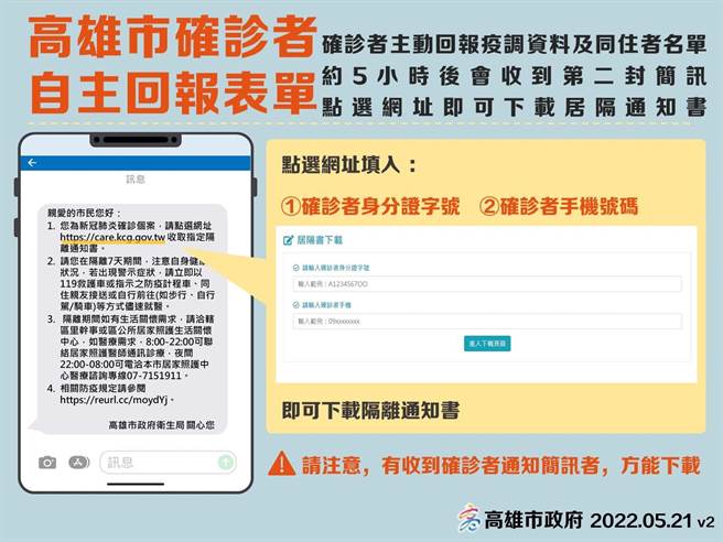回传疫调资料后，5小时内会收到第二封简讯，点选网址后填写身分证及手机号码，就能下载居隔单。（高市卫生局提供／袁庭尧高雄传真）