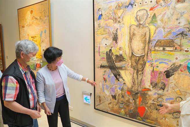 「近鄉情怯獻丹青」畫展也展出陳朝寶老師作品「童年」，繪出許多在田中家鄉的回憶。（吳建輝攝）