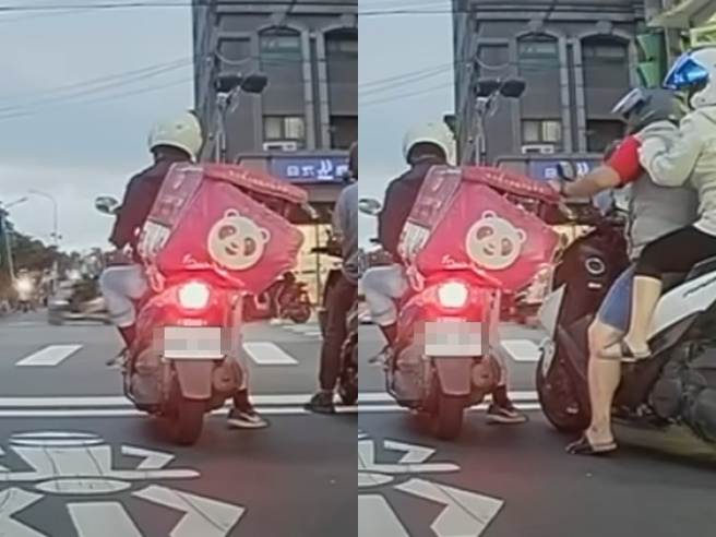 外送员被发现外送箱在路中倾斜，有1个明显开口，餐点可能随时掉出，所幸停等红灯时，后方1名骑士好心上前提醒，外送员才赶紧下车乔正箱子。（翻摄自YouTube频道「WoWtchout - 地图型行车影像分享平台」）