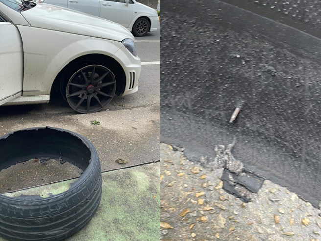 女驾驶开宾士车发生爆胎，整圈轮胎竟应声脱落、剩下轮框，女驾驶称当初买宾士车以为安全性高，如今却发生轮胎飞出，让她喊「我不懂车子」。（翻摄自脸书「爆怨公社」）
