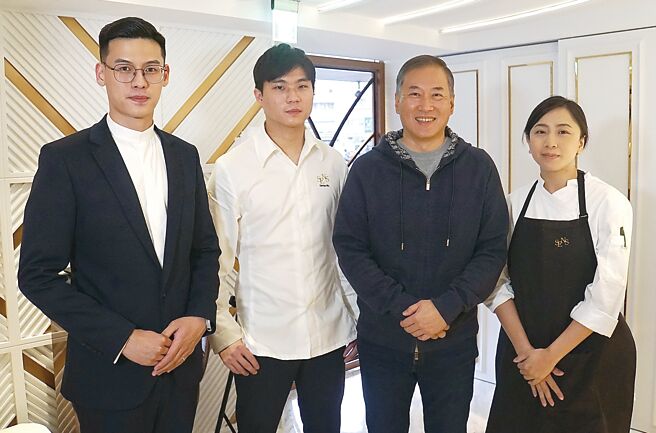 中租企业总裁辜仲立（右二）热爱美食，且以「慧眼」引进精品级的葡萄酒、咖啡豆，以小而精、小而美的方式扩充餐饮美食版图；〈SENS〉主厨吴定佑（左二）。图／姚舜