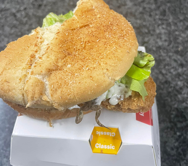 南非一名小女孩日前吃汉堡时，竟意外发现里头夹着1只死青蛙。（图片翻摄自FB／Willem Bezuidenhout）