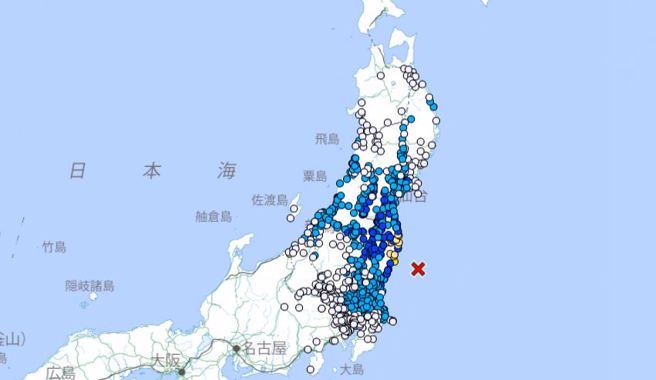 22日中午左右日本东北地区观测到规模5.8地震，导致新干线短暂停驶。（图／撷取自日本气象厅官网）