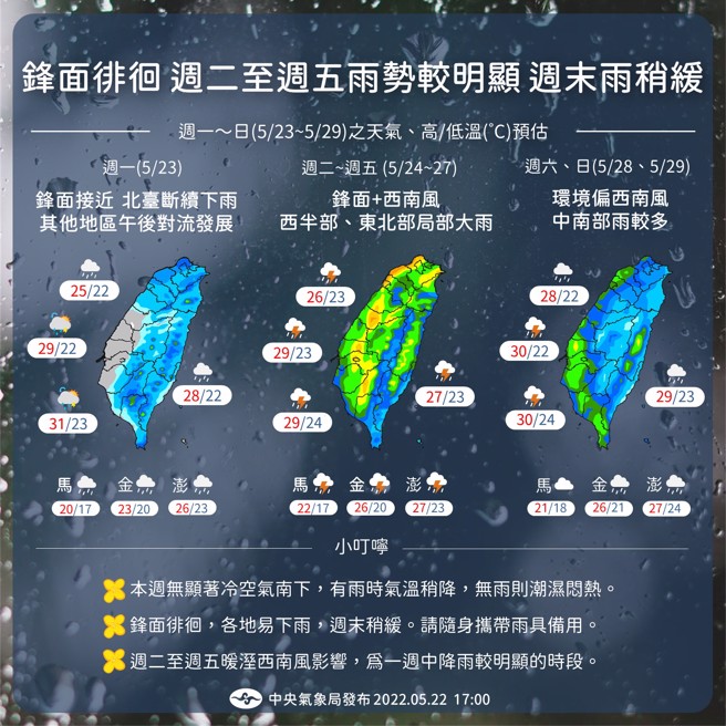 鋒面徘迴，周二至周五降雨明顯。(圖/氣象局)