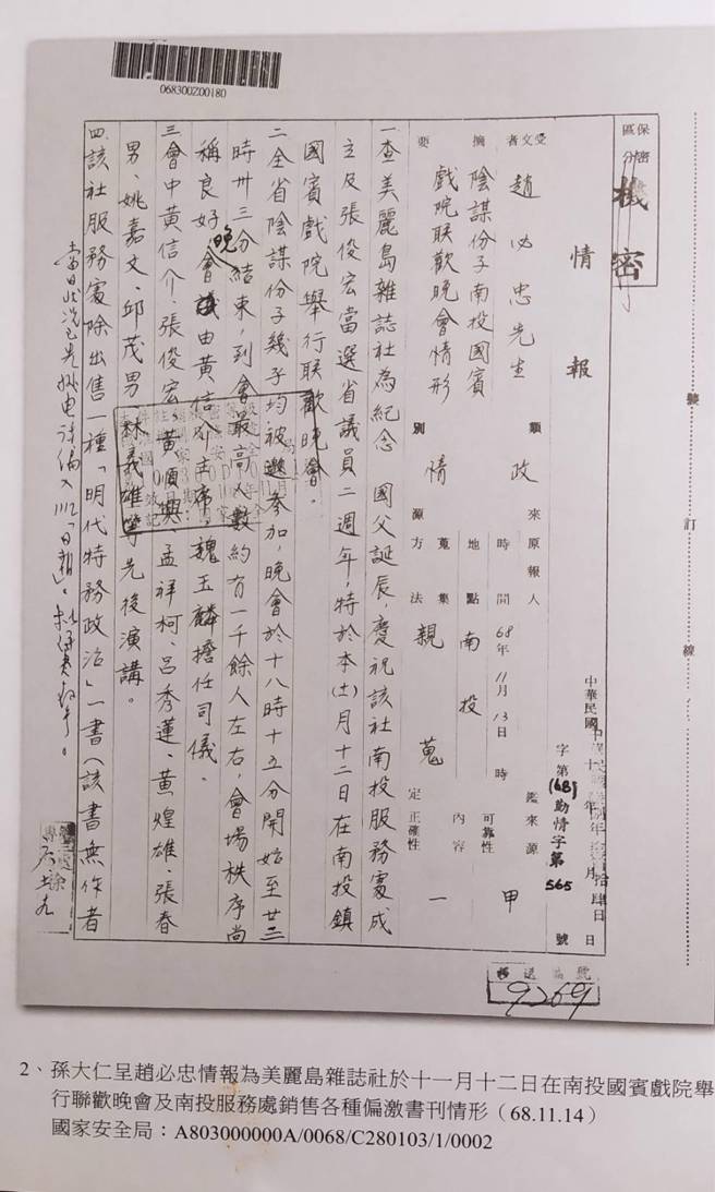 2022年1月国史馆与国家人权博物馆出版张世瑛、林映汝编辑《美丽岛事件史料汇编》）第二册，1979年11月12日，美丽岛南投分社举行晚会，全省主要阴谋分子演讲。（图文：龙城飞）