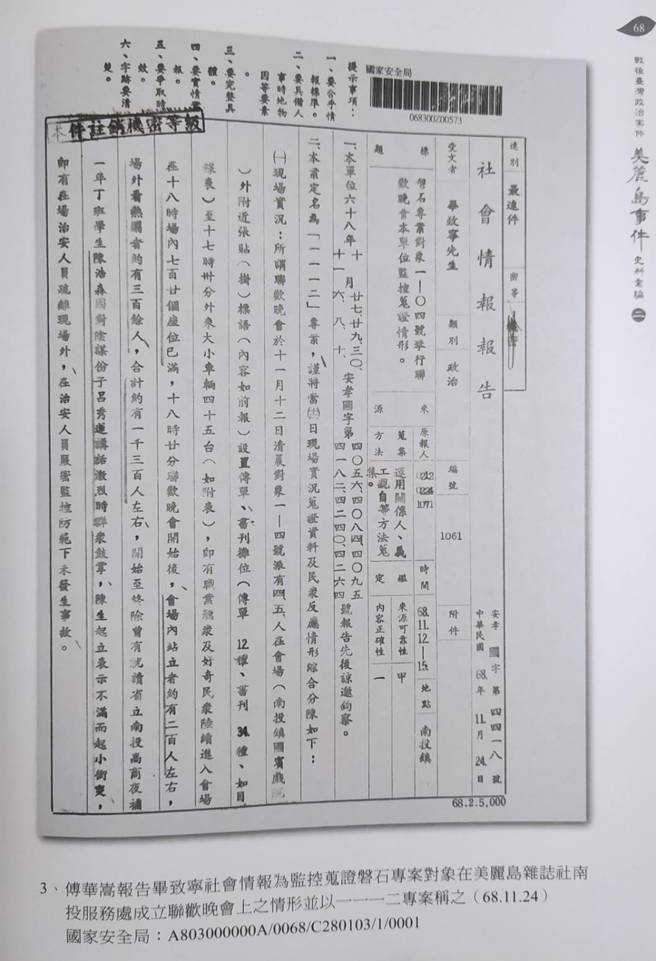 2022年1月国史馆与国家人权博物馆出版张世瑛、林映汝编辑《美丽岛事件史料汇编》）第二册，1979年11月12日，美丽岛南投分社举行晚会，全省主要阴谋分子演讲，情治单位现场搜证，定为「一一一二」专案。（图文：龙城飞）