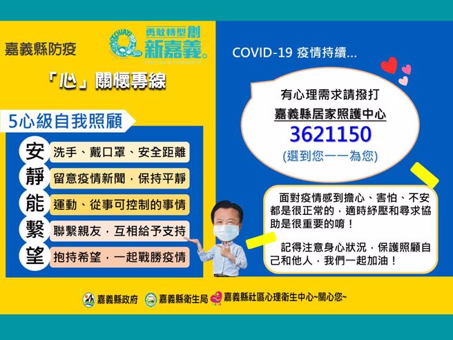 嘉義縣防疫「心」關懷專線，5心級自我照顧，保護照顧你我他，全民共同戰勝疫情！（圖/嘉義縣政府提供）