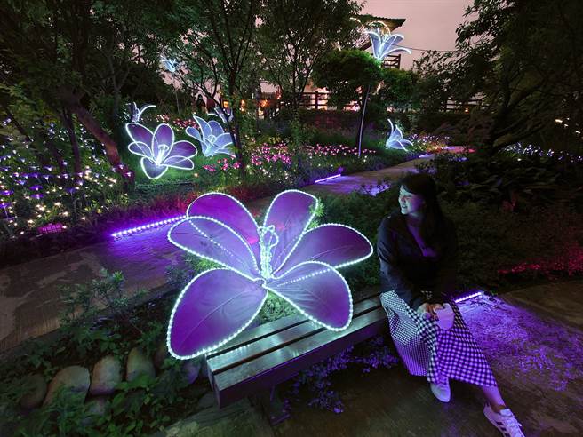 为期9天的大古山野百合花季「光合派对」，在假日期间吸引不少民眾上山赏灯。「梦境百合」灯饰区摆上硕大的白河花灯饰，成为民眾拍照打卡的热点。（黄世麒摄）