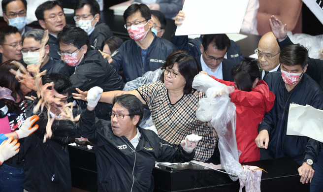 圖為前年藍營在蘇揆報告施政時扔擲豬內臟抗議，引爆朝野衝突。（本報資料照）