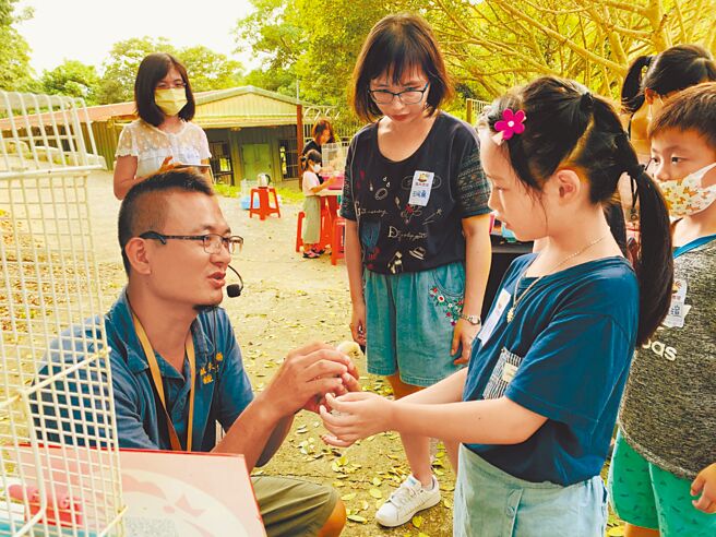 锺志忠经营「姐夫农场」提供出租小鸡体验，让学童感受生命教育。（姐夫农场提供）